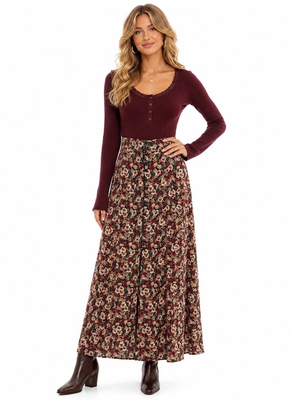 Vintage Y2K Express Red, Cream & Green Floral Print Button Front Maxi Skirt